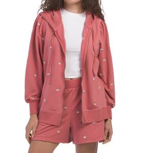 NWT! Pink Embroidered Floral Softest French Terry Zip Up Hoodie & Shorts Set